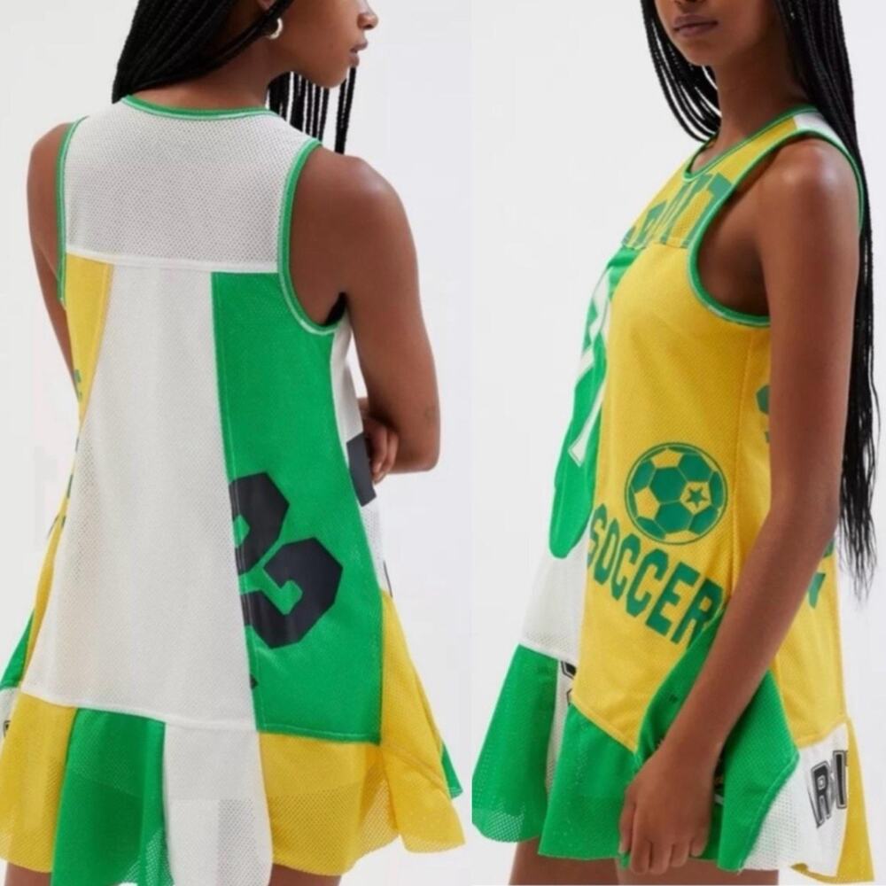 BDG Urban Outfitters Soccer Jersey Patchwork Mesh Mini Dress Sz XS Yellow Green